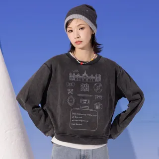 【gozo】線條圖案印花洗舊感純棉大學T(黑色)