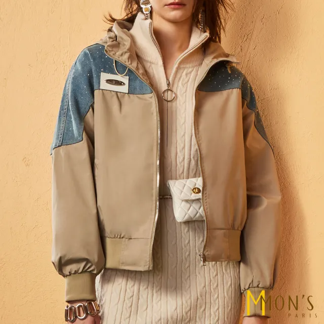 【MON’S】燙鑽牛仔拼接夾克(直)