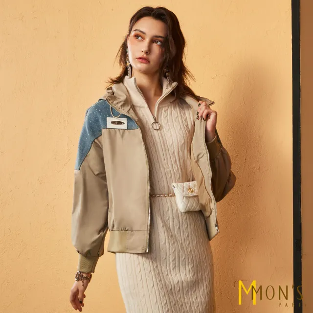 【MON’S】燙鑽牛仔拼接夾克(直)