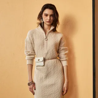 【MON’S】麻花織紋半拉鍊式立領針織洋裝