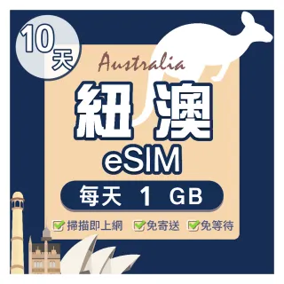 【環亞電訊】eSIM澳紐10天每天1GB(eSIM 24H自動發貨五分鐘取件 兩地通用 紐西蘭 澳洲 esim卡 吃到飽)