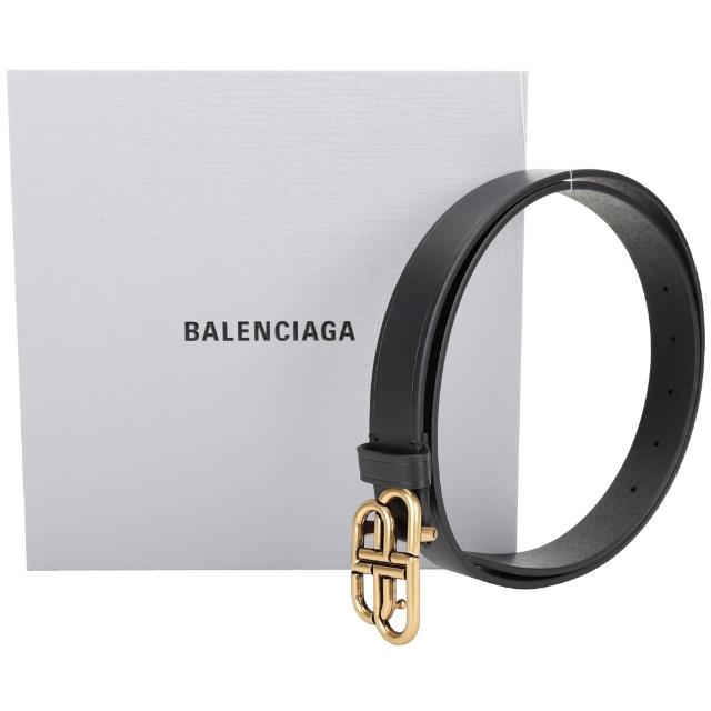 【Balenciaga 巴黎世家】BB 金屬標誌牛皮細版腰帶-黑色(腰帶 皮帶 牛皮)