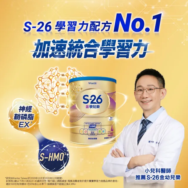 【惠氏 S-26】官方直營 金學兒樂S-HMO配方3-7歲（1600gx2罐）