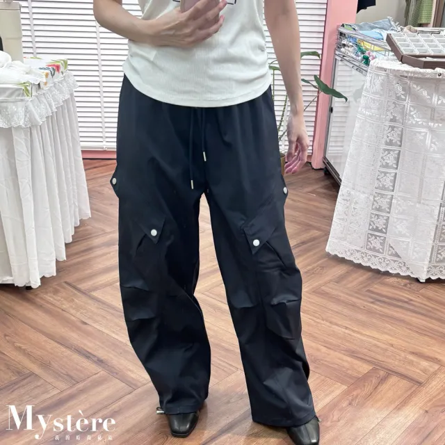 【my stere 我的時尚秘境】雙11 口袋工裝彎刀褲 兩色(鬆緊腰綁帶 大口袋 抽繩束腳 街頭百搭 工裝