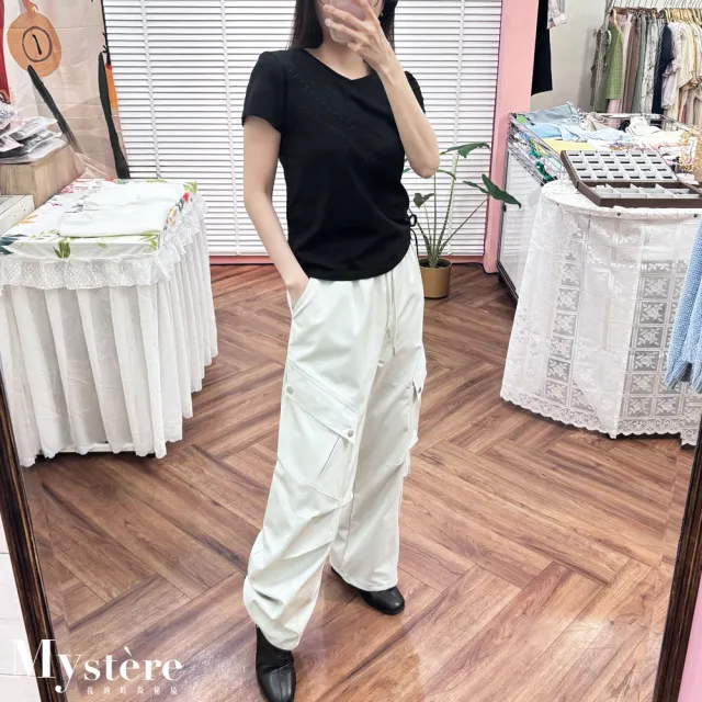 【my stere 我的時尚秘境】雙11 口袋工裝彎刀褲 兩色(鬆緊腰綁帶 大口袋 抽繩束腳 街頭百搭 工裝