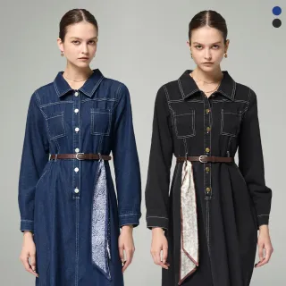 【MON’S】絲巾翻領腰帶修身牛仔洋裝(2色任選)