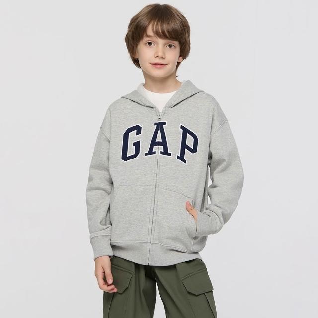 【GAP】男童裝 Logo刺繡刷毛連帽外套-淺灰色(609295)