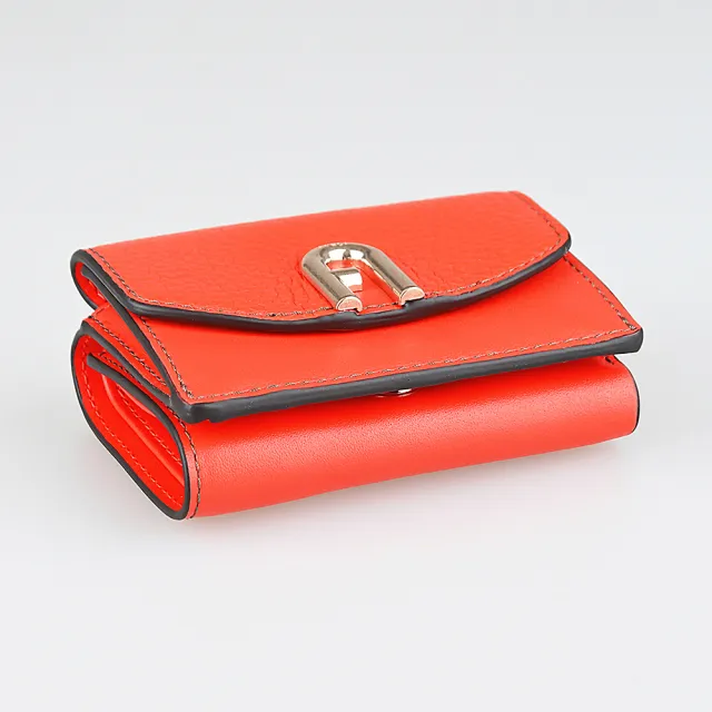 【FURLA 芙拉】FURLA Primula復古金LOGO小牛皮3卡按釦式三折短夾(迷你/橘紅)