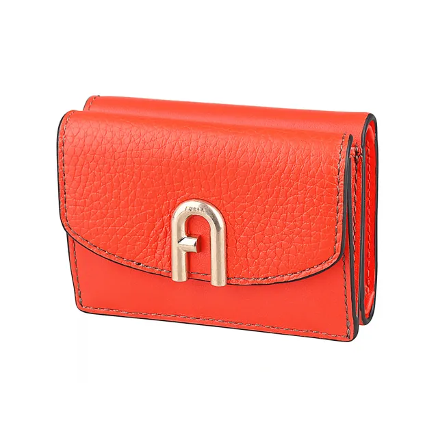 【FURLA 芙拉】FURLA Primula復古金LOGO小牛皮3卡按釦式三折短夾(迷你/橘紅)
