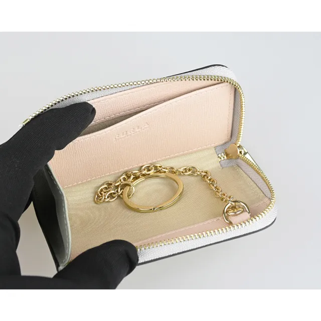 【FURLA 芙拉】FURLA Babylon雷雕金字LOGO防刮牛皮L型拉鍊零錢鑰匙包(大理石灰x內芭蕾粉)
