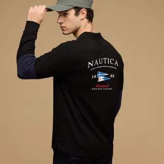 【NAUTICA】官方旗艦 男裝 航海印花撞色長袖POLO衫(黑色)