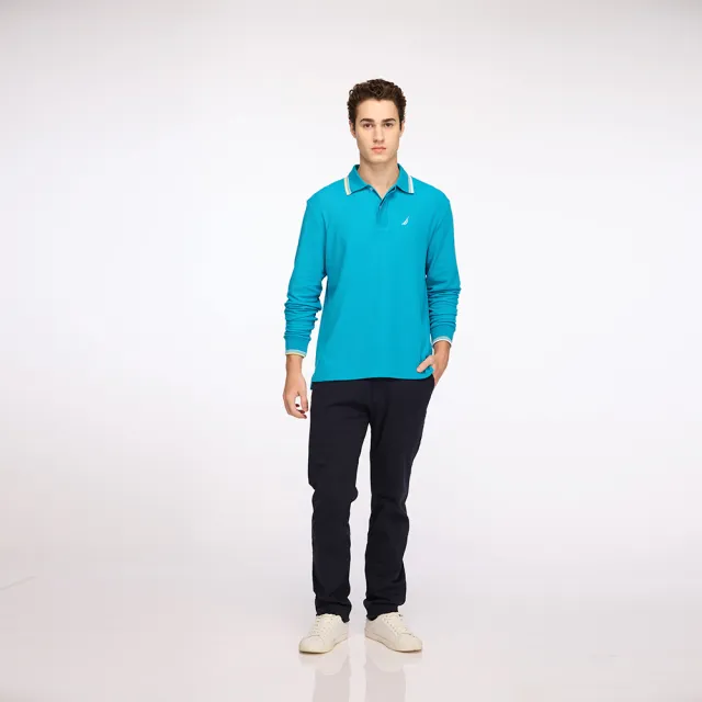 【NAUTICA】官方旗艦 男裝 跳色線條領口長袖POLO衫(藍色)