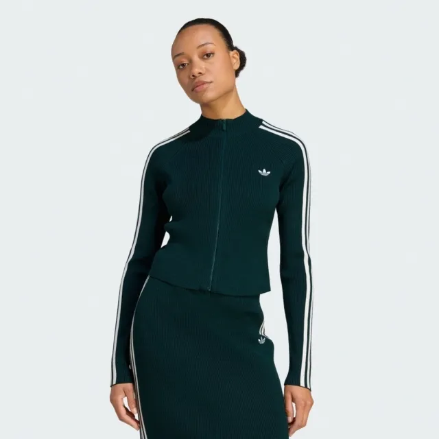 【adidas 愛迪達】愛迪達 Slim Knit Tt 女 外套 運動外套 休閒穿搭 深綠 白 亞版(JY2599)