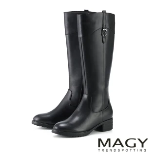 【MAGY】牛皮金釦質感粗跟長靴(黑色)