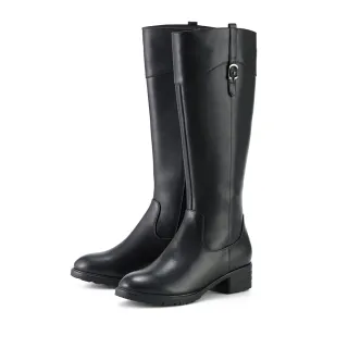 【MAGY】牛皮金釦質感粗跟長靴(黑色)