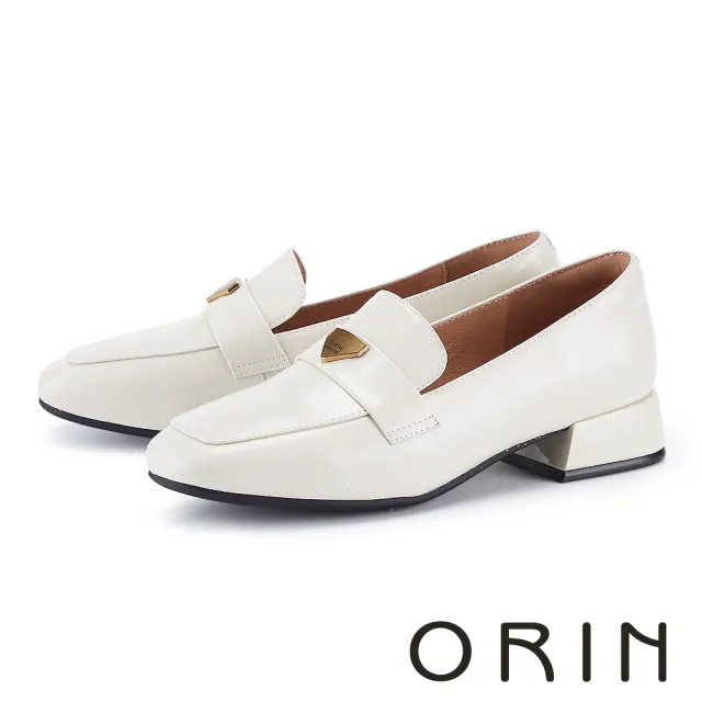 【ORIN】牛漆皮金屬飾方頭低跟鞋(米白)