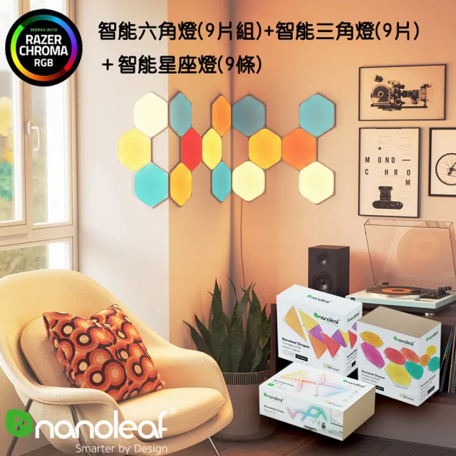 【Nanoleaf】組合-智能六角燈9片+三角燈9片+星座燈9條(RGB LED 觸控 音樂 氣氛 像素燈 壁燈 積木 玩具)