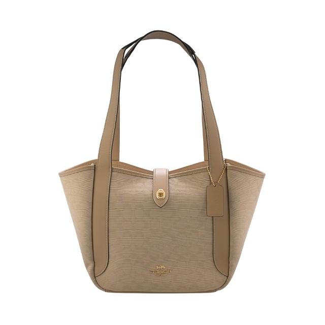 【COACH】Hadley C LOGO拼接皮革旋扣肩背托特包(奶茶色C/緹花布)