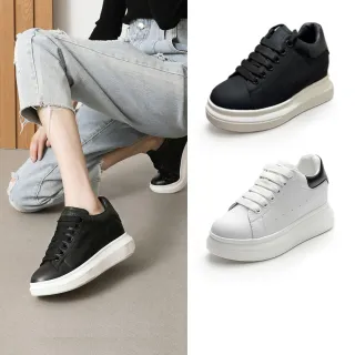 【T2R】正韓空運-皮革拼接內增高小白鞋休閒女鞋-增高約7公分-黑/白(5985-2968/5985-2969)