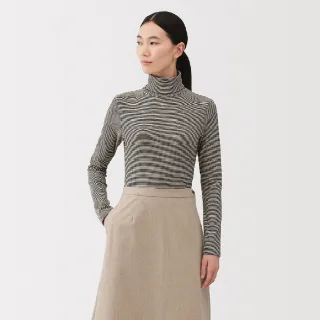 【MUJI 無印良品】女起毛針織高領長袖T恤(墨灰/米色橫紋/白色/淺灰/黑色/黑橫紋)