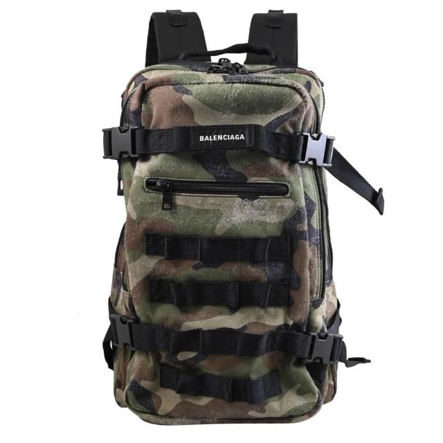 【Balenciaga 巴黎世家】Army  迷彩帆布刷舊毛邊拼接大款旅用包後背包(軍綠)