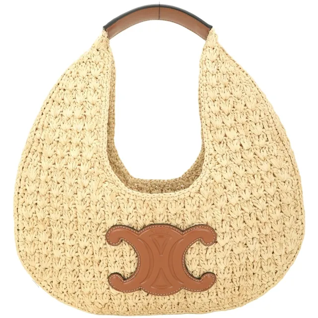 【CELINE】賽琳 Classic Panier Hobo 凱旋牛皮圓弧肩背拉菲草編包-黃褐色(草編包 手提包 腋下包)