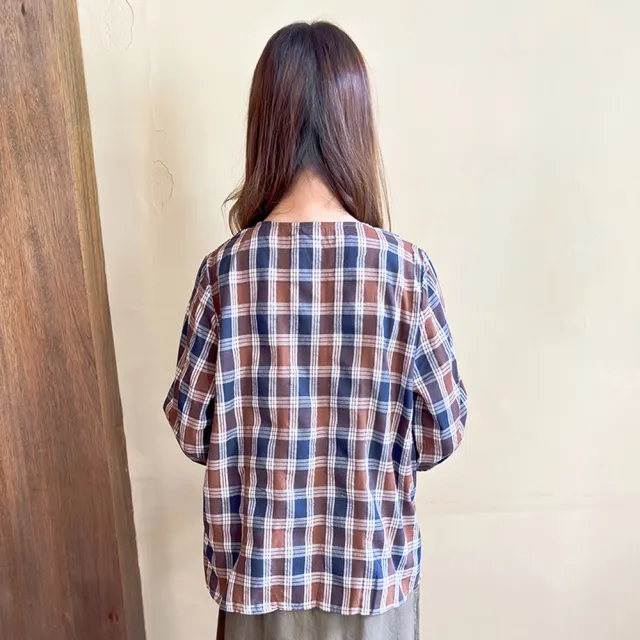 【Hana Mokuba】花木馬日系女裝清新圓領格紋上衣(造型上衣)