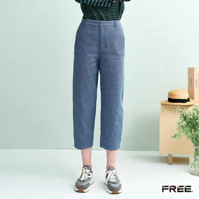 【FREE】棉麻草木染微立體口袋九分修身褲(藍色)