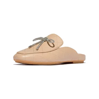 【FitFlop】DELICATO 水鑽蝴蝶結菱格紋皮革木屐鞋-女(古典米色)