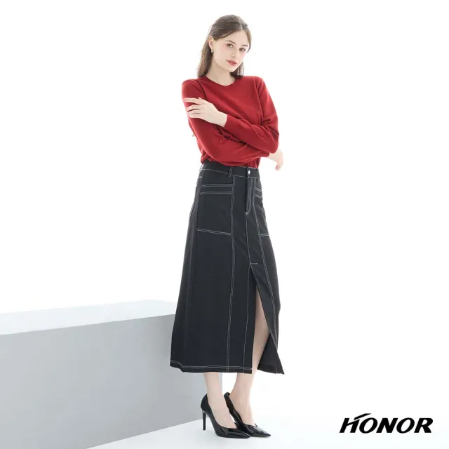 【HONOR 山形屋】出清品 簡約單釦車線修身牛仔長裙-黑/藍(限定出清)