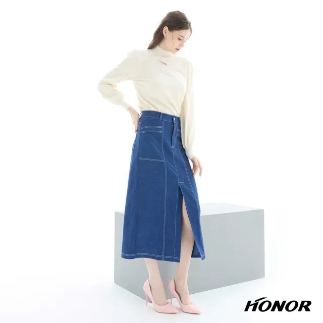 【HONOR 山形屋】出清品 簡約單釦車線修身牛仔長裙-黑/藍(限定出清)