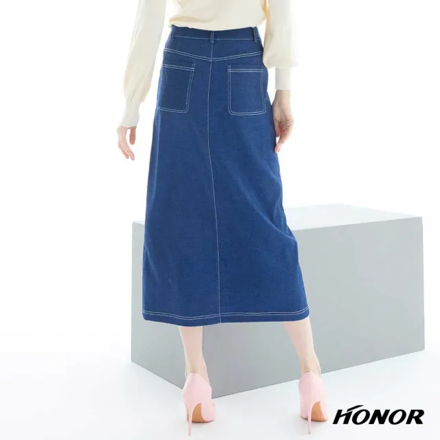 【HONOR 山形屋】出清品 簡約單釦車線修身牛仔長裙-黑/藍(限定出清)