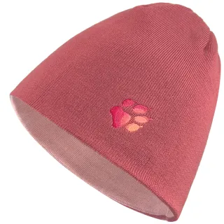 【Jack wolfskin 飛狼】小狼爪LOGO條紋針織保暖帽 雙面戴毛帽(粉配玫紅)