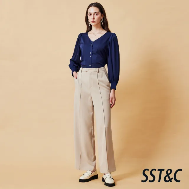 【SST&C】女裝 深幽藍V領抽皺袖長袖上著-825212061012(指定單品快閃價)