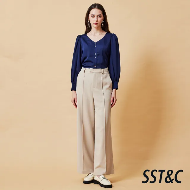 【SST&C】女裝 深幽藍V領抽皺袖長袖上著-825212061012(指定單品快閃價)