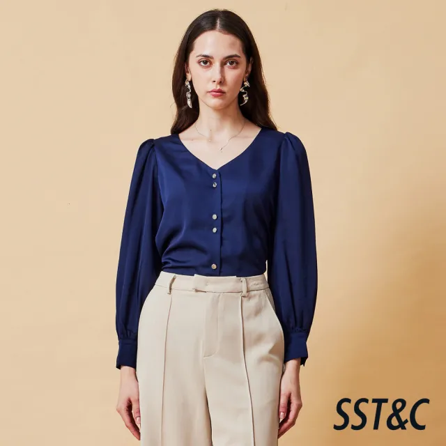 【SST&C】女裝 深幽藍V領抽皺袖長袖上著-825212061012(指定單品快閃價)