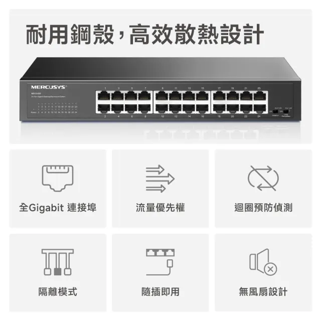 【Mercusys 水星】24埠 Gigabit 桌面/機架式 乙太網路交換器 無風扇 金屬殼 隨插即用(MS124GS)