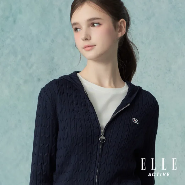 【ELLE ACTIVE】女款 麻花針織連帽外套-深藍色(EA25A1W5503-39)