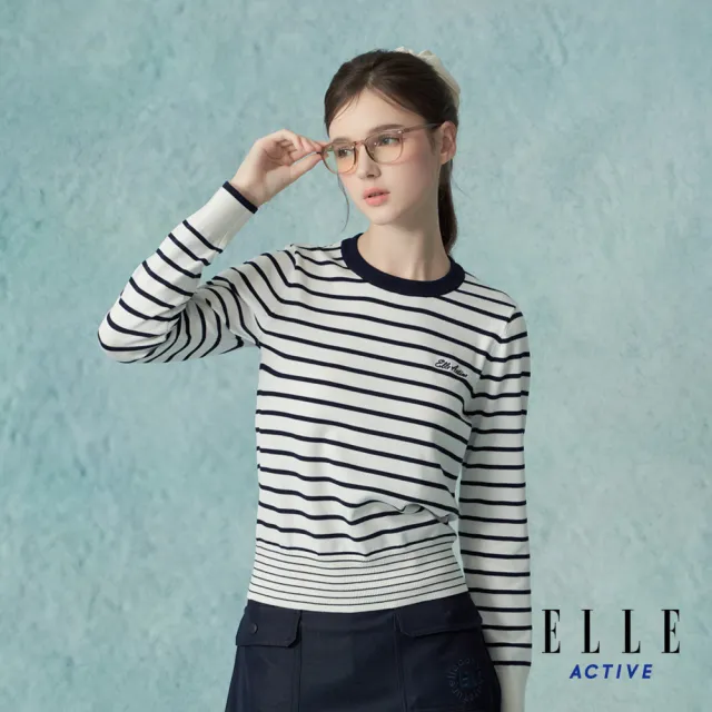 【ELLE ACTIVE】女款 法式條紋針織圓領長袖上衣-白色(EA25A1W5402-90)