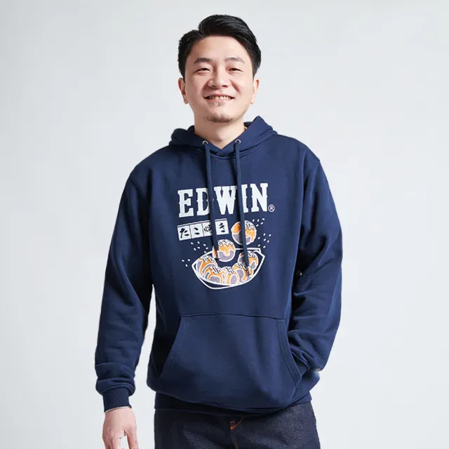 【EDWIN】男女裝 東京散策系列 章魚燒連帽長袖T恤(丈青色)