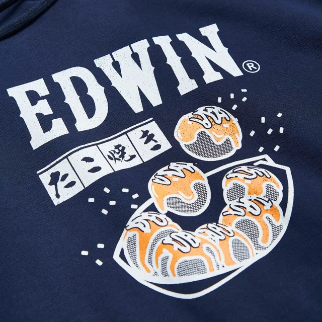 【EDWIN】男女裝 東京散策系列 章魚燒連帽長袖T恤(丈青色)