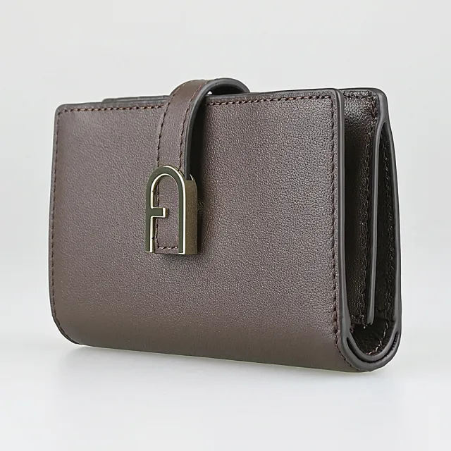 【FURLA 芙拉】FURLA Flow拱形金釦LOGO小牛皮6卡按釦式對折中夾(小/咖啡棕)