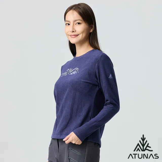 【ATUNAS 歐都納】女款經典保暖長袖圓領衫(A2TS2540W靛藍/刷絨柔軟/素面長T/日常休閒)