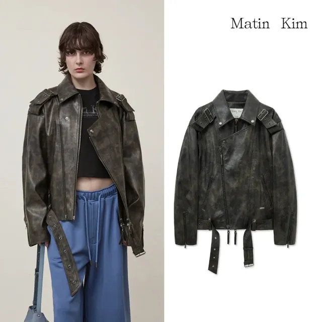【MATIN KIM】官方旗艦 腰帶造型皮革騎士夾克 女款(炭灰)
