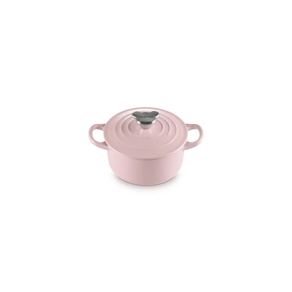 【Le Creuset】琺瑯鑄鐵鍋圓鍋14cm(雪紡粉-小熊鋼頭-內鍋白)