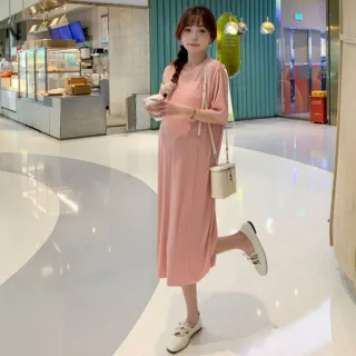 【漂亮小媽咪】夏日 垂墜風 坑條 冰絲涼感 短袖 長裙 開叉 短袖洋裝 連身