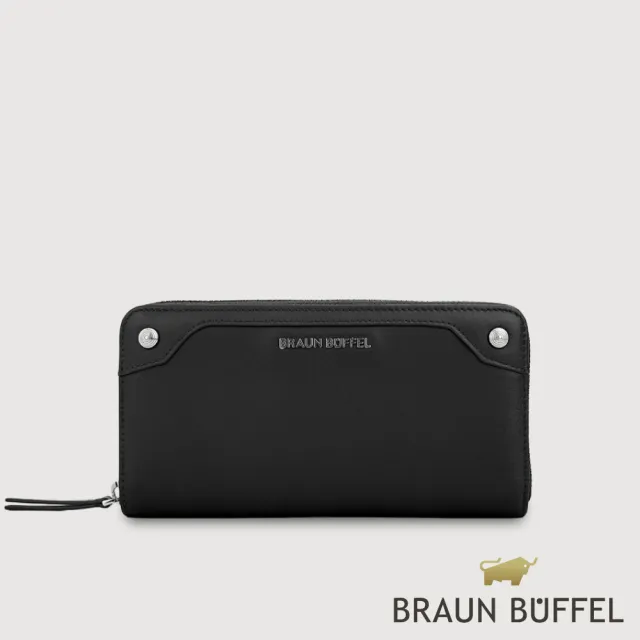 【BRAUN BUFFEL 德國小金牛】絲妲莎-S 13卡拉鍊長夾-黑色/麥色(BF875-602-BK/BRA) 錢包送禮推薦