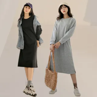 【OB 嚴選】純色多色寬版圓領側開衩長袖洋裝 《DA9020》