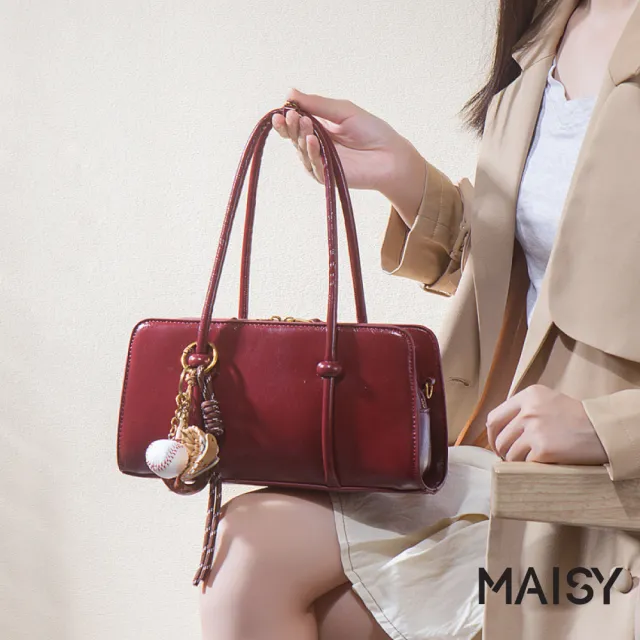【MAISY】個性復古時尚簡約軟皮托特包 斜跨包 單肩包(酒紅色)
