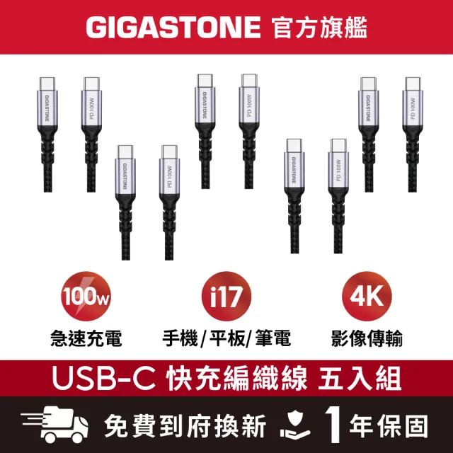 【Gigastone 立達國際】5入組 TypeC 100W 4K USB3.2 Gen2充電傳輸編織線 (iPhone17快充)